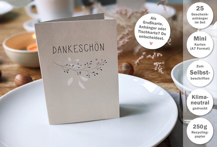 Tischkarten Beige zum Danke sagen, mini Klappkarten mit Blumen zum beschriften deiner Dankeschön Gastgeschenke
