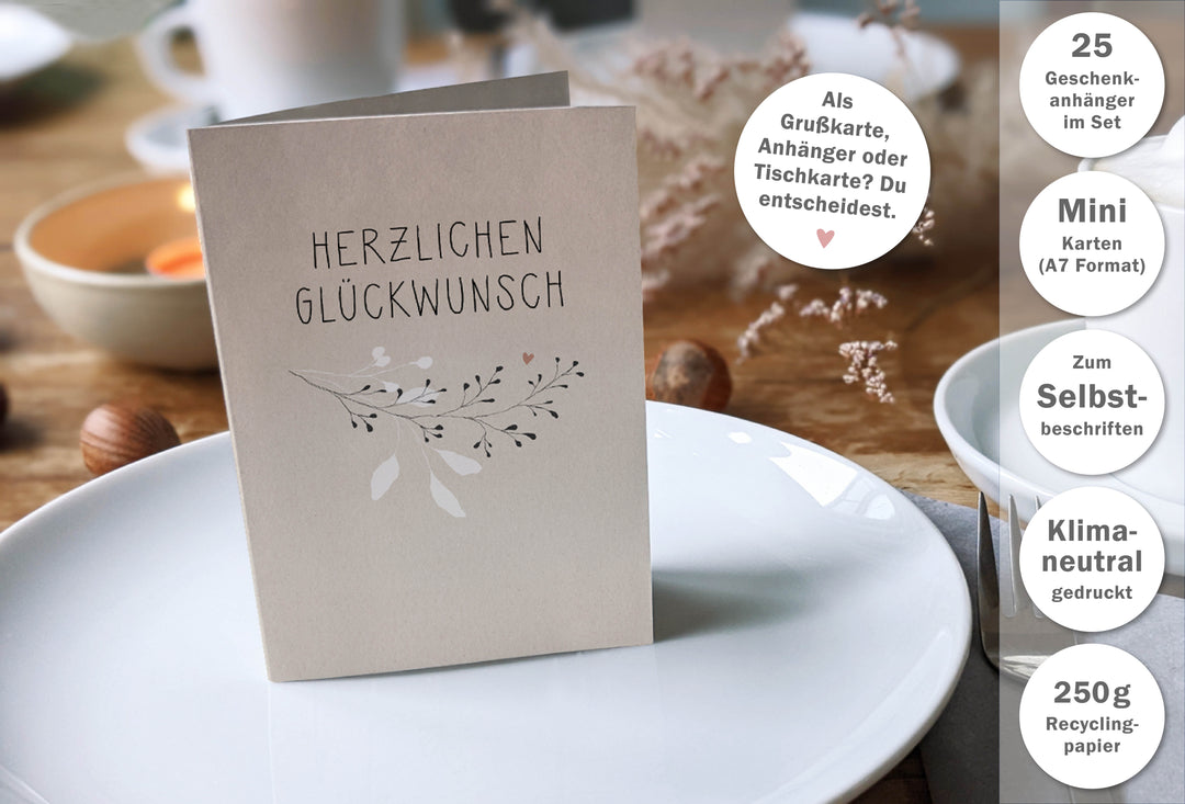 Tischkarten Beige für Glückwünsche, mini Klappkarten mit Blumen zum beschriften deiner Geburtstagstafel