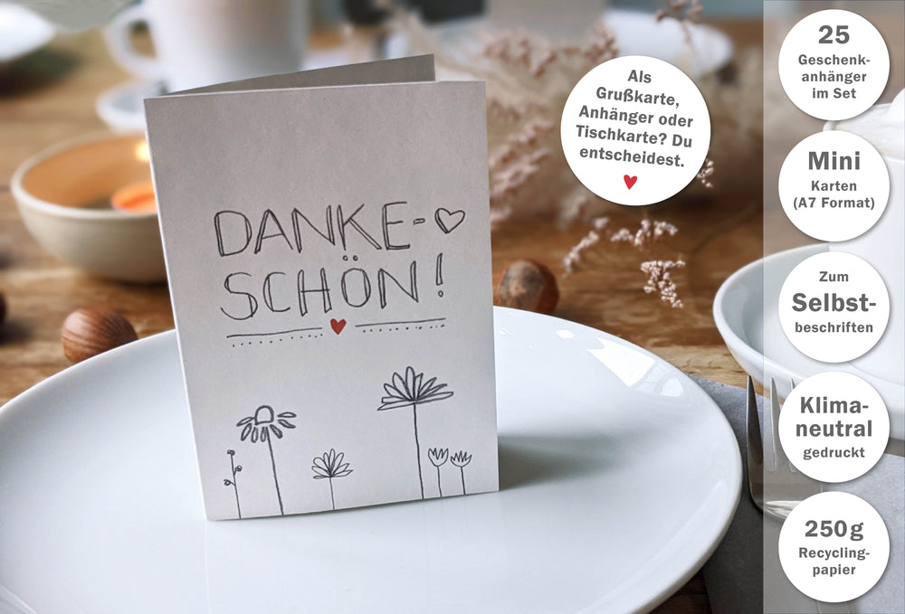 Tischkarten Weiß zum Danke sagen, mini Klappkarten mit Blumen zum beschriften deiner Dankeschön Gastgeschenke