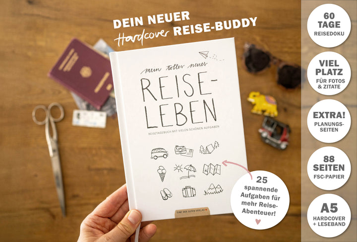 Reisetagebuch Weiß A5 gebunden mit Aufgaben, Geschenkidee zum Abschied, Weltreise, Auslandsjahr