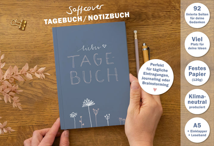 Liebes Tagebuch – Notizbuch für Erwachsene und Teenager, 92 Seiten liniert, A5 Softcover, FSC Papier, Blau Rosa mit Blumen