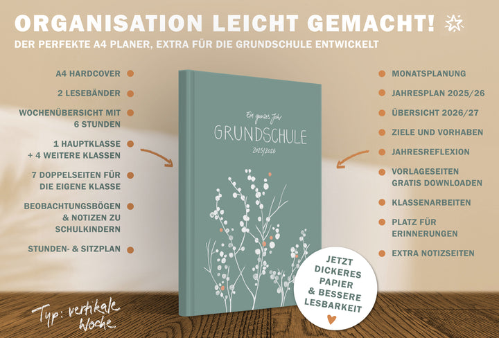 Lehrerkalender 2025 2026 | A4 Grundschulplaner für Unterrichtsvorbereitung & Schuljahr Planung | 1 Doppelseite pro Woche | klimaneutral, mint mit Blumen