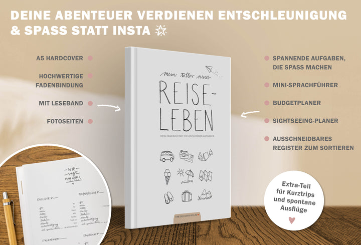Weiß graues A5 Reisetagebuch mit Aufgaben und Checklisten