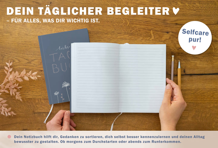 Liebes Tagebuch – Notizbuch für Erwachsene und Teenager, 92 Seiten liniert, A5 Softcover, FSC Papier, Blau Rosa mit Blumen