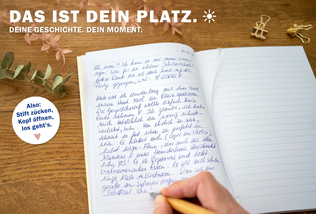 Tagebuch und Notizbuch in gelb blau mit rosa herz
