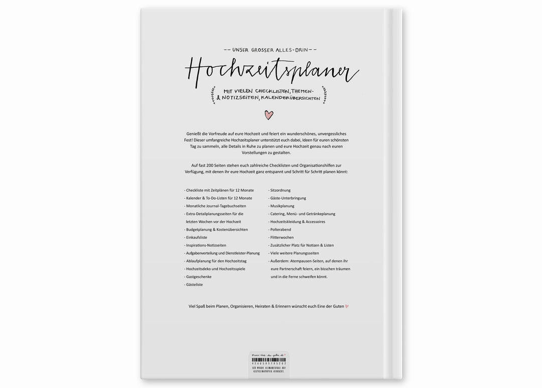 XXL Hochzeitsplaner mit vielen Checklisten, Zeitplan, To-do-Listen, Wedding Planner als Notizbuch, 184 S., A4, Hardcover, weiß, Recyclingpapier, klimaneutral gedruckt