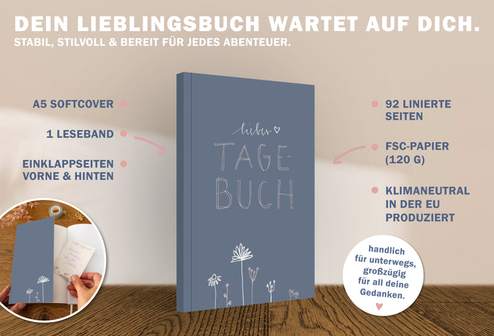 Liebes Tagebuch – Notizbuch für Erwachsene und Teenager, 92 Seiten liniert, A5 Softcover, FSC Papier, Blau Rosa mit Blumen