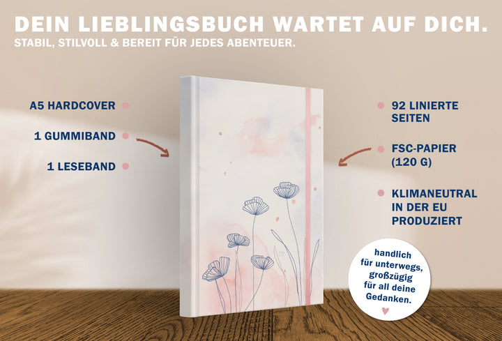 Klassisches Tagebuch liniert für Mädchen, Teenager und Erwachsene im modernen Blumen Design