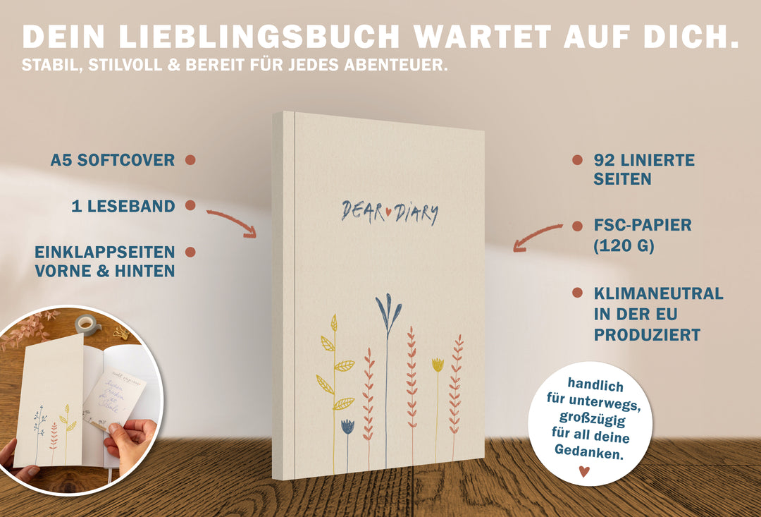 Klassisches Tagebuch liniert für Mädchen, Teenager und Erwachsene im modernen Blumen Design