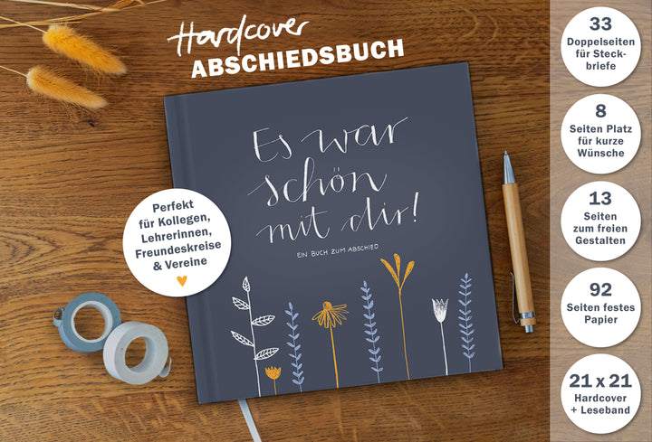 Abschiedsbuch für Kollegen, Lehrer, Freunde - Es war schön mit dir! - Abschiedsgeschenk, blau weiß orange, 92 blanko Seiten, Hardcover, 120g FSC Papier