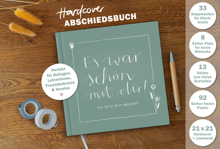 Abschiedsbuch für Kollegen, Lehrer, Freunde - Es war schön mit dir! - Abschiedsgeschenk, mint grün weiß, 92 blanko Seiten, Hardcover, 120g FSC Papier