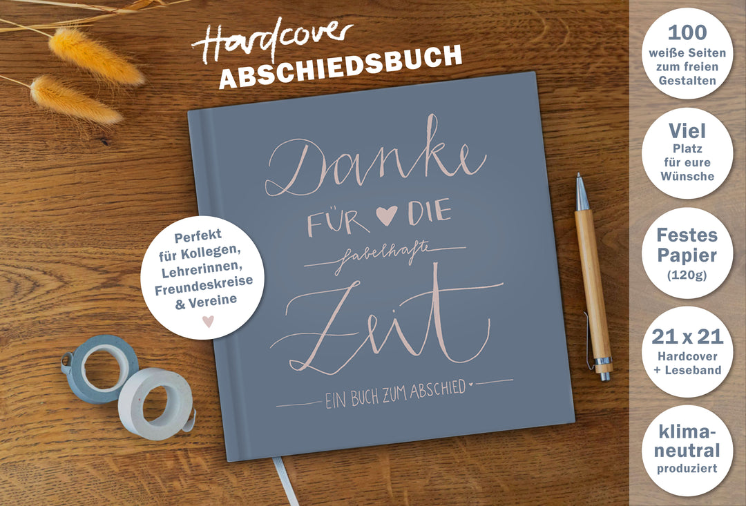 Abschiedsbuch für Kollegen, Lehrer, Freunde - Danke für die fabelhafte Zeit - Abschiedsgeschenk, Blau Rosa, 100 Blanko Seiten, Hardcover, 120g FSC Papier