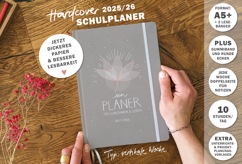 Lehrerkalender 2025 2026 | A5+ Lehrer-Planer für Unterrichtsvorbereitung & Schuljahr Planung | 4 Seiten pro Woche | klimaneutral, Grau Beige