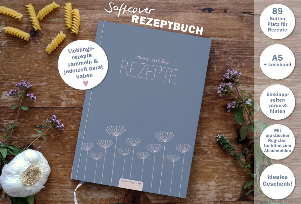 Rezeptbuch A5 zum Selberschreiben - Meine liebsten Rezepte | DIY Kochbuch, Backbuch, Geschenkidee | Blau Rosa Blumen Design, FSC Papier, Softcover
