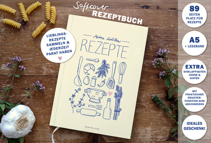 Rezeptbuch A5 zum Selberschreiben - Meine liebsten Rezepte | DIY Kochbuch, Backbuch, Geschenkidee | Gelb Blau Rosa Küchen Design, FSC Papier, Softcover