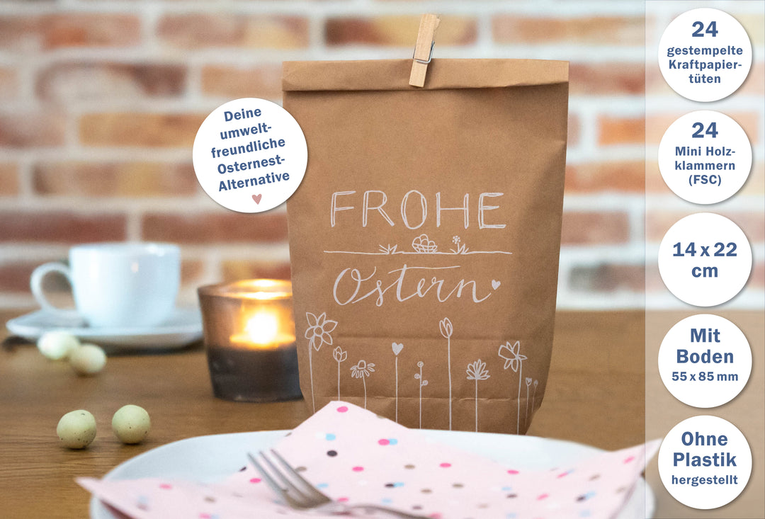 24 Ostertüten - frohe Ostern | Osternest Alternative für Ostergrüße, Mitgebsel & Giveaways | 14 cm x 22 cm | inkl. 24 FSC Holz Miniklammern