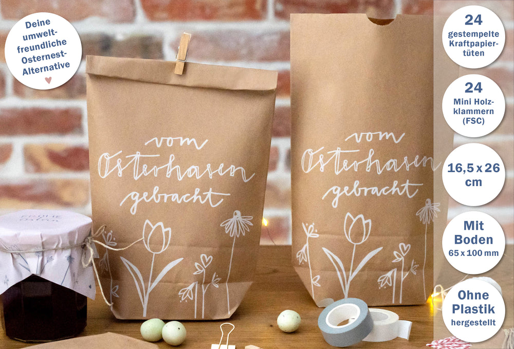24 Ostertüten - vom Osterhasen gebracht | Osternest Alternative für Ostergrüße, Mitgebsel & Giveaways | 16,5 cm x 24 cm | inkl. 24 FSC Holz Miniklammern