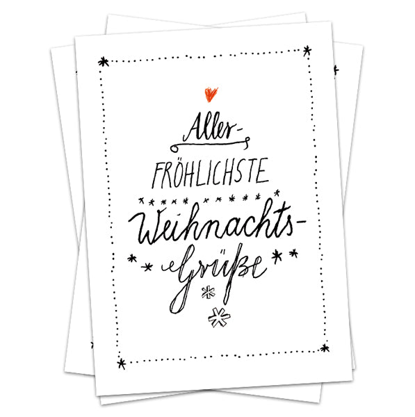 Weihnachtskarten - Allerfröhlichste Weihnachtsgrüße | Kalligrafie Postkarten mit Tannenbaum Typografie | schwarz weiß
