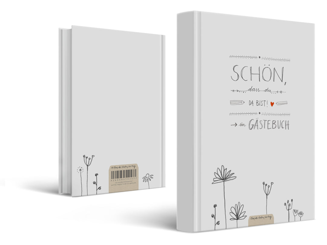 Hochzeitsgästebuch Weiß - Schön dass du da bist | Gästebuch für Hochzeit, Geburtstag, Taufe | klimaneutrales FSC-Papier | 17x24 cm, Hardcover, robuste Fadenheftung