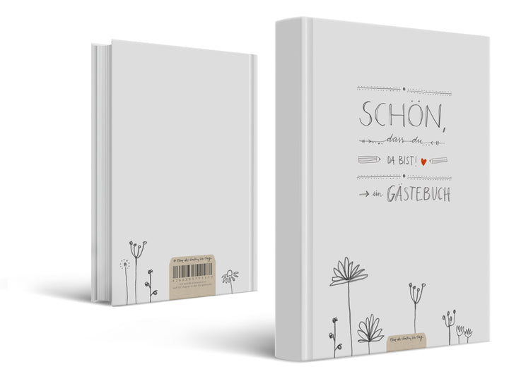 Hochzeitsgästebuch Weiß - Schön dass du da bist | Gästebuch für Hochzeit, Geburtstag, Taufe | klimaneutrales FSC-Papier | 17x24 cm, Hardcover, robuste Fadenheftung