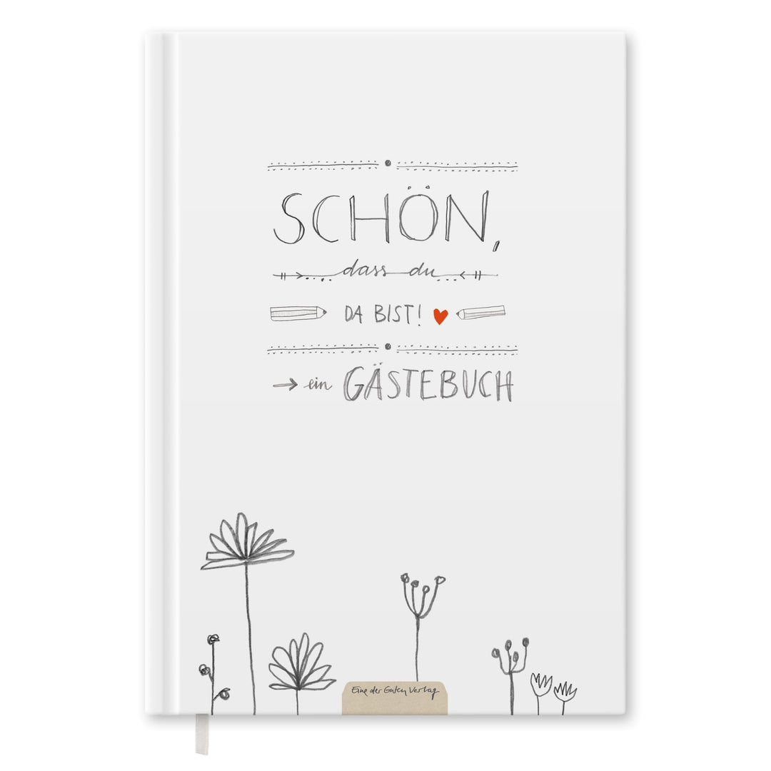 Hochzeitsgästebuch Weiß - Schön dass du da bist | Gästebuch für Hochzeit, Geburtstag, Taufe | klimaneutrales FSC-Papier | 17x24 cm, Hardcover, robuste Fadenheftung