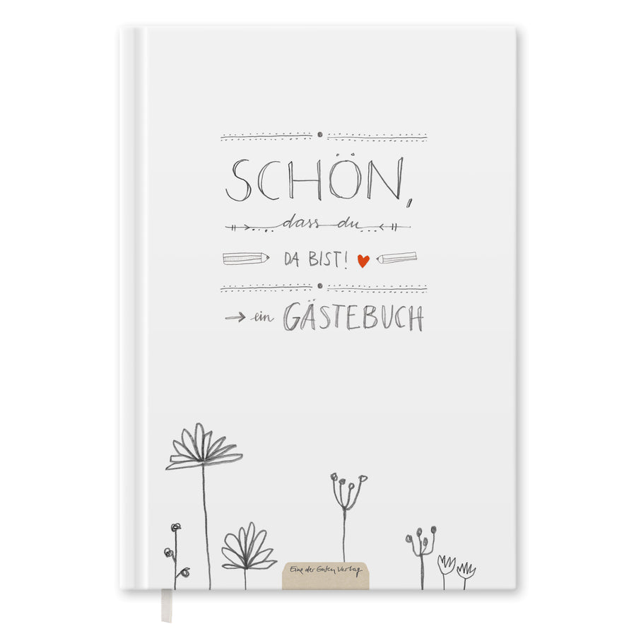 Hochzeitsgästebuch Weiß - Schön dass du da bist | Gästebuch für Hochzeit, Geburtstag, Taufe | klimaneutrales FSC-Papier | 17x24 cm, Hardcover, robuste Fadenheftung