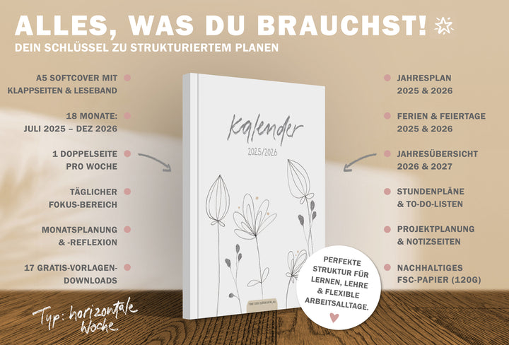 A5 Terminkalender – Studienplaner 2025 2026 | 18 Monate Wochenplaner mit Leseband | Softcover Taschenkalender & Terminplaner | Weiß Grau Beige