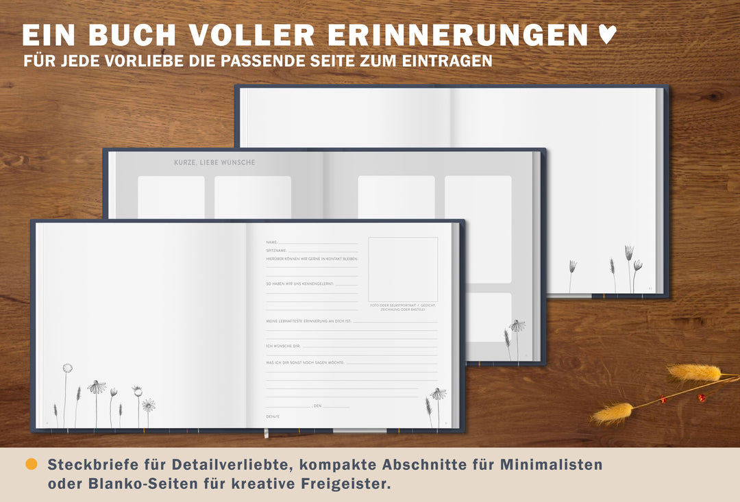 Abschiedsbuch für Kollegen, Lehrer, Freunde - Es war schön mit dir! - Abschiedsgeschenk, blau weiß orange, 92 blanko Seiten, Hardcover, 120g FSC Papier