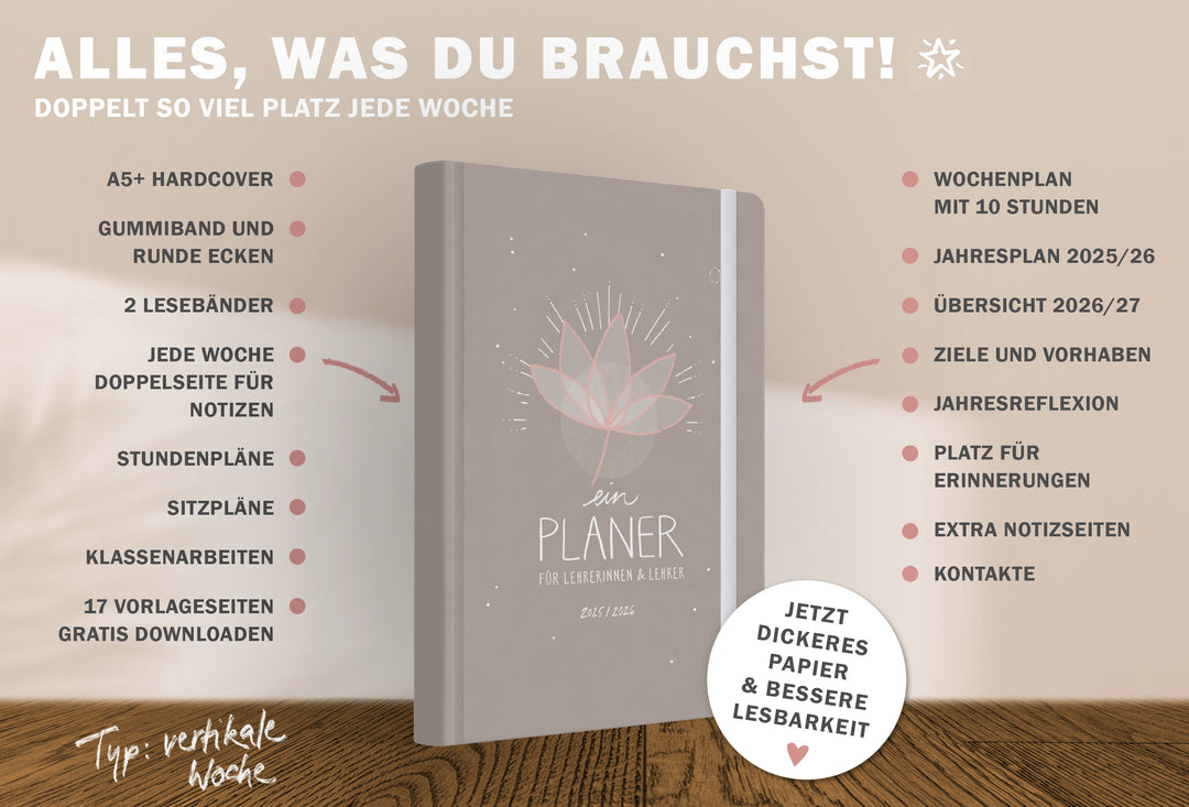 Lehrerkalender 2025 2026 | A5+ Lehrer-Planer für Unterrichtsvorbereitung & Schuljahr Planung | 4 Seiten pro Woche | klimaneutral, Grau Beige
