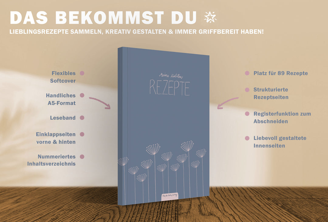 Rezeptbuch A5 zum Selberschreiben - Meine liebsten Rezepte | DIY Kochbuch, Backbuch, Geschenkidee | Blau Rosa Blumen Design, FSC Papier, Softcover