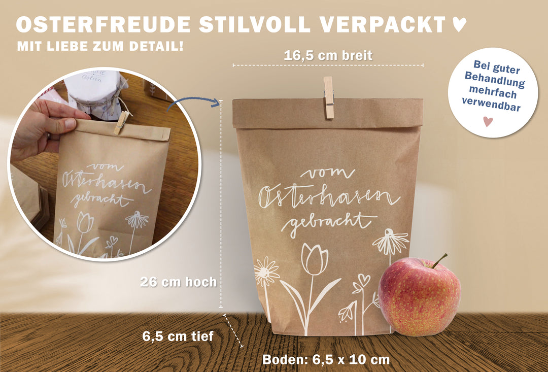 24 Ostertüten - vom Osterhasen gebracht | Osternest Alternative für Ostergrüße, Mitgebsel & Giveaways | 16,5 cm x 24 cm | inkl. 24 FSC Holz Miniklammern