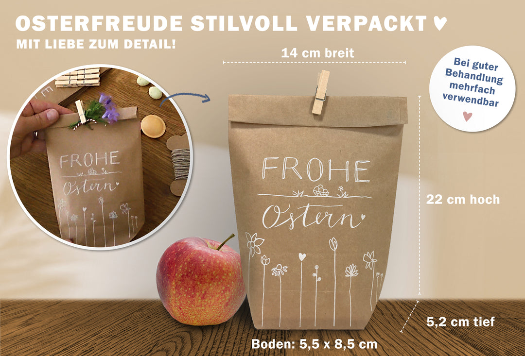 24 Ostertüten - frohe Ostern | Osternest Alternative für Ostergrüße, Mitgebsel & Giveaways | 14 cm x 22 cm | inkl. 24 FSC Holz Miniklammern