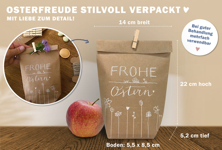 24 Ostertüten - frohe Ostern | Osternest Alternative für Ostergrüße, Mitgebsel & Giveaways | 14 cm x 22 cm | inkl. 24 FSC Holz Miniklammern