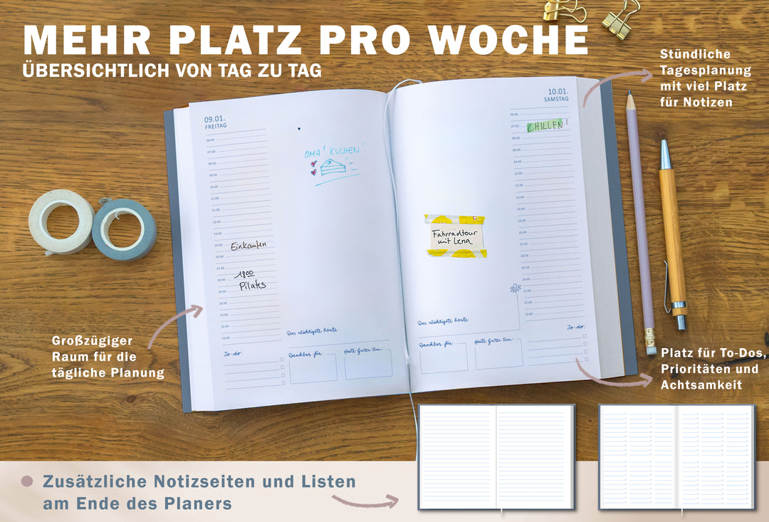 Detailansicht Tagesübersicht A5 Terminkalender 2026, blau weiß rosa