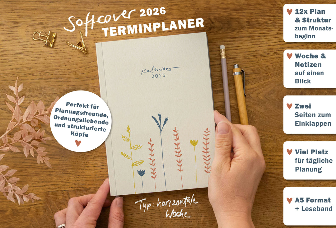 Detailansicht Wochenübersicht A5 Terminkalender 2026, creme beige blau