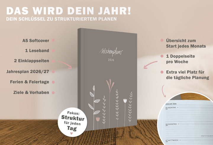 Detailansicht Wochenübersicht A5 Terminkalender 2026, weiß beige rosa
