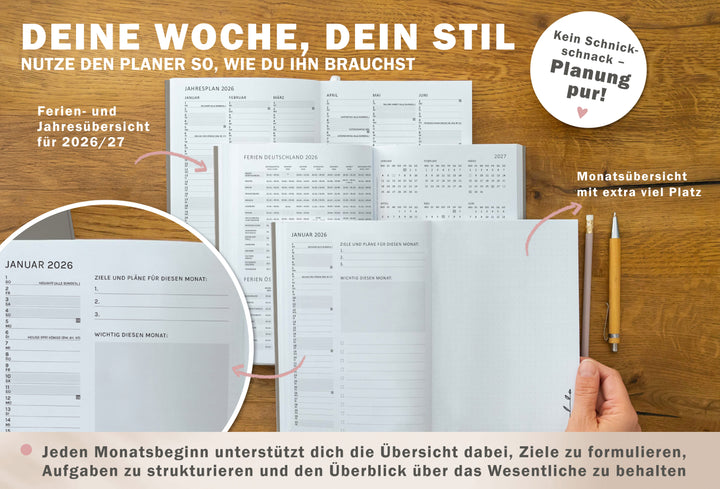 Detailansicht Jahresübersicht A5 Terminkalender 2025, weiß beige rosa