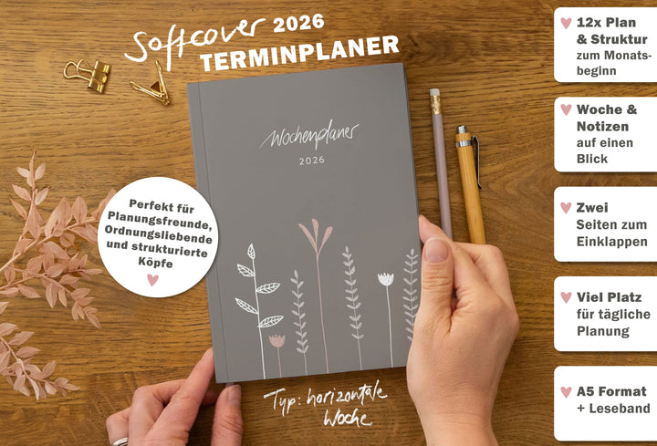 Detailansicht Wochenübersicht A5 Terminkalender 2026, weiß beige rosa