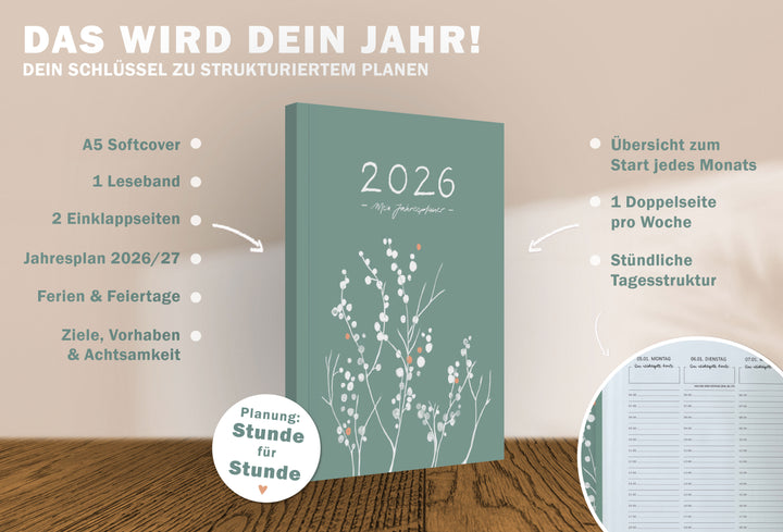 A5 Terminkalender 2026 mit 12 Monatsübersicht Seiten für Urlaub, Ferien, Termine, To-Dos