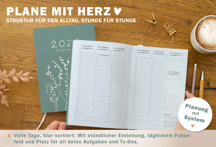 Detailansicht Wochenübersicht A5 Terminkalender 2026, grün weiß orange mit Blumen