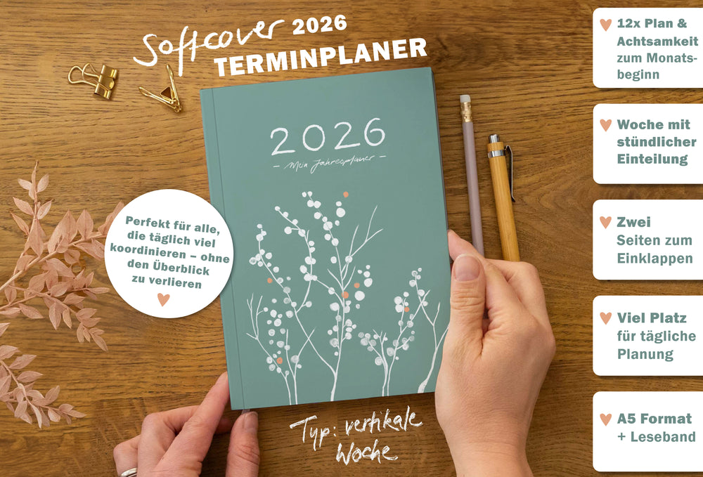 A5 Terminkalender 2026 grün weiß orange mit blanko Seiten liniert für Notizen & Ideen