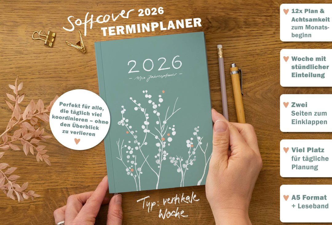 A5 Terminkalender 2026 grün weiß orange mit blanko Seiten liniert für Notizen & Ideen