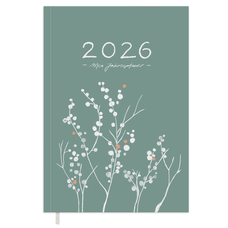 Kalender 2026 grün mit Hilfestellungen für mehr Achtsamkeit