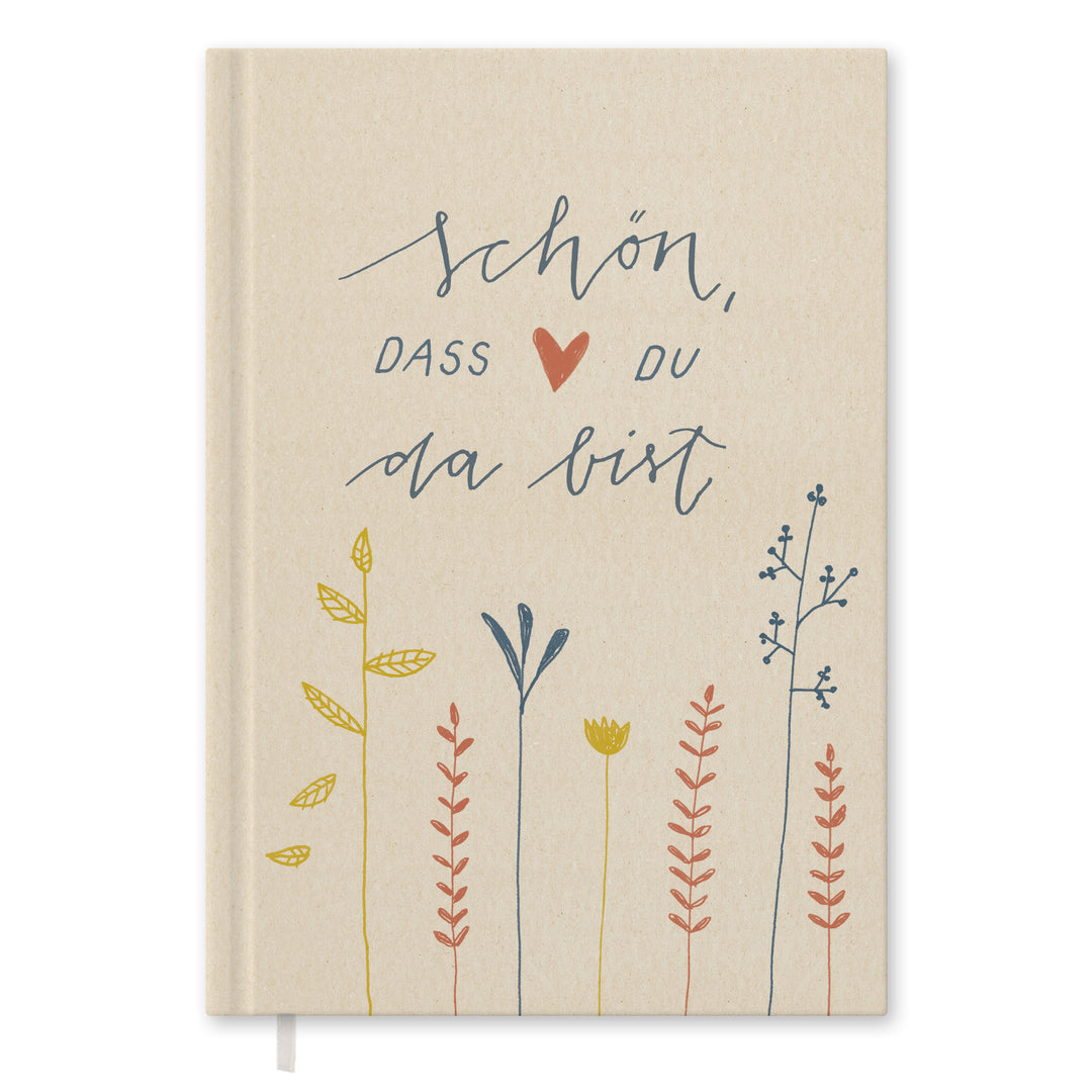 Hochzeitsgästebuch Creme - Schön dass du da bist | Gästebuch für Hochzeit, Geburtstag, Taufe | klimaneutrales FSC-Papier | 17x24 cm, Hardcover, robuste Fadenheftung