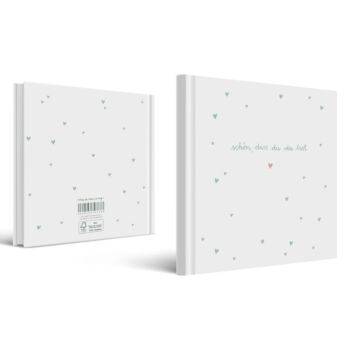Hochzeitsgästebuch Weiß Mint - Schön dass du da bist | Gästebuch für Hochzeit, Geburtstag, Taufe | klimaneutrales FSC-Papier | 21x21 cm, Hardcover