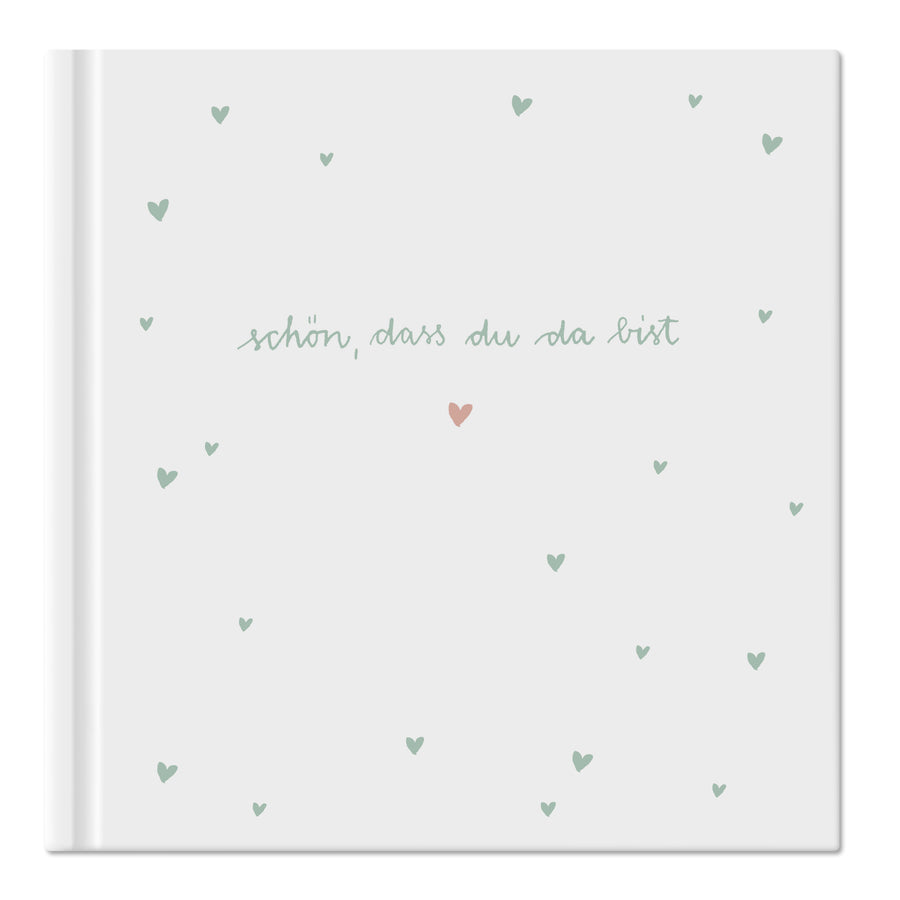 Hochzeitsgästebuch Weiß Mint - Schön dass du da bist | Gästebuch für Hochzeit, Geburtstag, Taufe | klimaneutrales FSC-Papier | 21x21 cm, Hardcover
