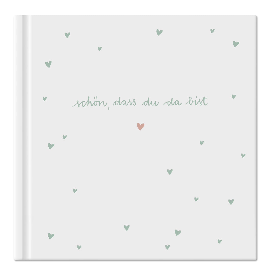 Hochzeitsgästebuch Weiß Mint - Schön dass du da bist | Gästebuch für Hochzeit, Geburtstag, Taufe | klimaneutrales FSC-Papier | 21x21 cm, Hardcover
