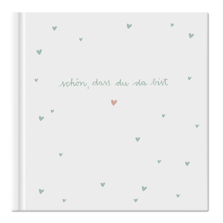 Hochzeitsgästebuch Weiß Mint - Schön dass du da bist | Gästebuch für Hochzeit, Geburtstag, Taufe | klimaneutrales FSC-Papier | 21x21 cm, Hardcover