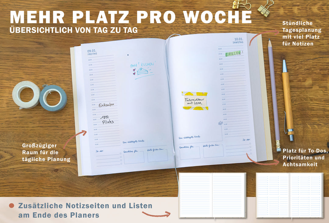 Detailansicht Tagesübersicht A5 Terminkalender 2026, creme blau weiß rot