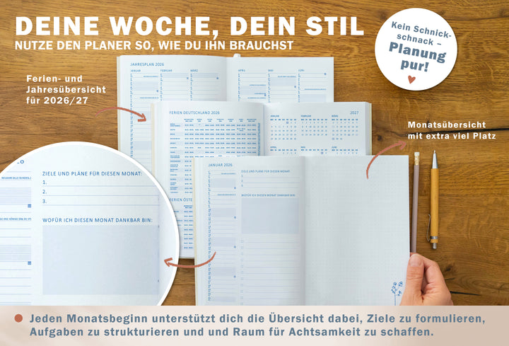 Detailansicht Schulferien Jahresübersicht mit Ferien und Feiertage A5 Terminkalender 2026, beige blau rot weiß